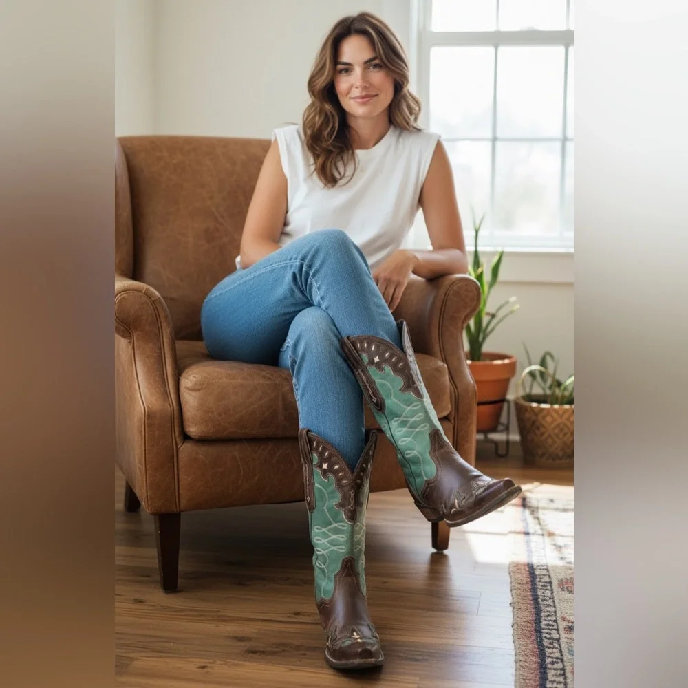 Ariat Brown and Teal Western Heeled Cowboy Boots - Picture 9 of 13